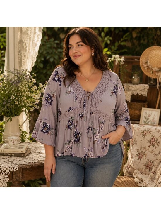 torrid Tops - Torrid Floral Bell Sleeve Blouse SZ 1 Lavender Purple Babydoll Cottage Boho